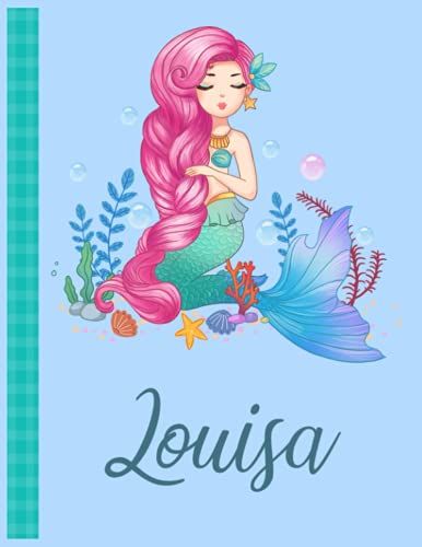 Louisa: Personalized Mermaid Handwriting Notebook Blue Color With Blue Name Large Size 8.5'' X 11'' X 115 Pages White Paper Blank Journal Gifts For Kids - Baby And Students