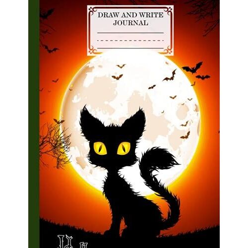 Draw And Write Journal: Grades K-2, Halloween Cat Cover Primary Composition Half Page Lined Paper With Drawing Space (8.5" X 11" Notebook) Design By Nils Beck