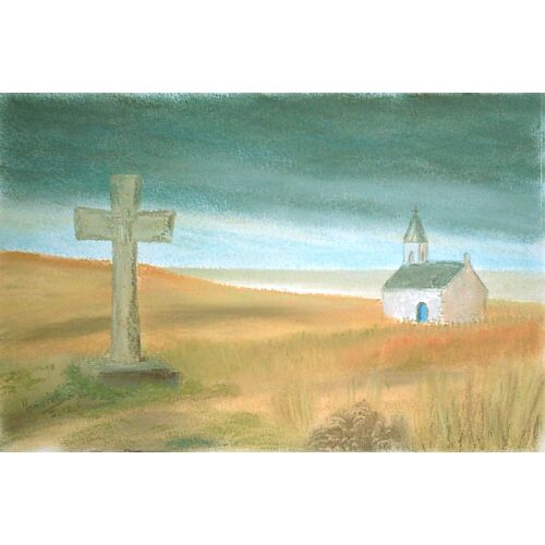 Pastel Original Paysage Breton Chapelle Et Croix