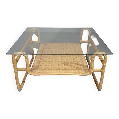 Table Basse Bauhaus Cadre En Fer  Roseau  Crayons  Roseau Fendu  Rotin 75 X 75 X 40 Cm Beige