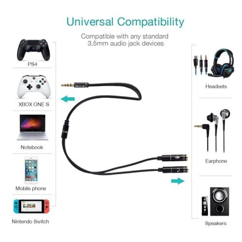 Splitter Adaptateur Casque Micro 3,5 Mm - Pc Ps4 Xbox One Switch - Noir