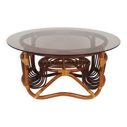 Table Basse En Rotin Et Verre Marron