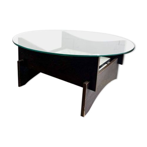 Table Basse Ronde Vintage Avec Verre Bois Et Carrelage Multicolore