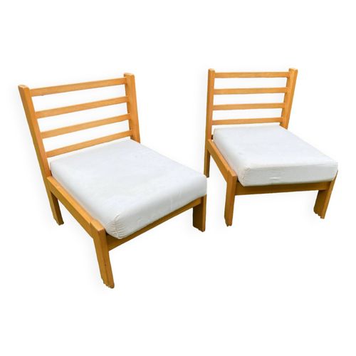 Paire Chauffeuses Style Chalet Coton Cru Vers 1960 Bois