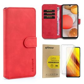 Coque Samsung Galaxy A02s Avec 2 Verre Trempé Samsung Galaxy A02s Antichoc Etui Housse Pu Cuir Portefeuille Etui En Pu Coque Pour Samsung Galaxy A02s Pour (Rouge)