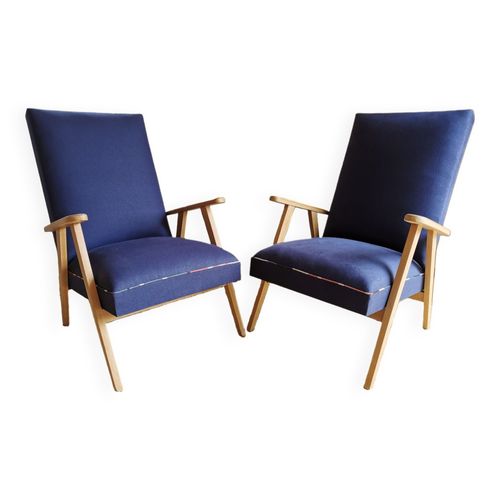 Paire De Fauteuil Vintages Rnovs Avec Des Matires Naturelles Bleu