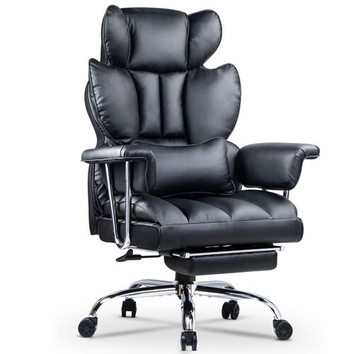 Fauteuil de Direction, Chaise de Bureau en Cuir PU, Fauteuil de Bureau Ergonomique Ajustable à Dossier Haut, Pivotant 150kg avec Repose Pieds et Support Lombaire, Noir