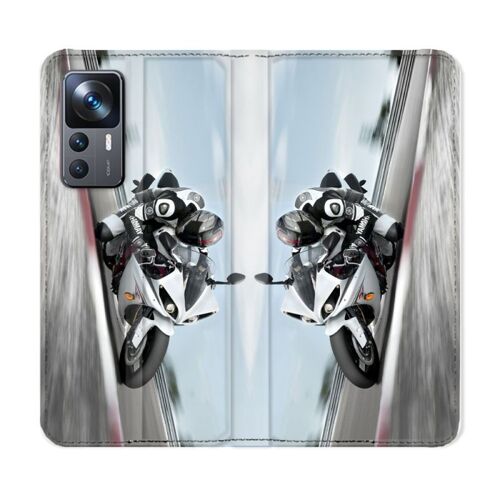 Housse Cuir Portefeuille Pour Xiaomi 12t Moto Course Gp Blanche