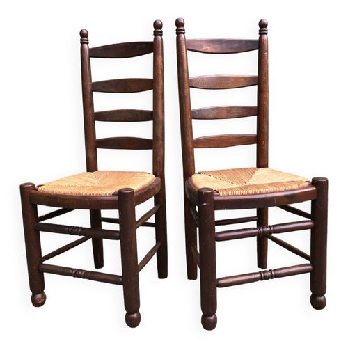 Duo De Chaises Pailles Vintage Rustiques En Chne Bois