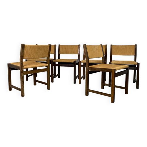 Chaises Midcentury Rustique Moderniste En Bois Et Corde De Papier 1970s Set De 6 Marron