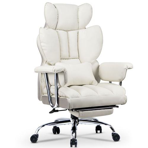Fauteuil De Direction, Chaise De Bureau En Cuir Pu, Fauteuil De Bureau Ergonomique Ajustable À Dossier Haut, Pivotant 150kg Avec Repose Pieds Et Support Lombaire, Blanche