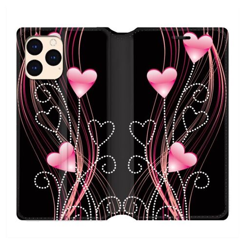 Housse Cuir Portefeuille Pour Iphone 12 Mini Coeur Rose Montant Sur Noir
