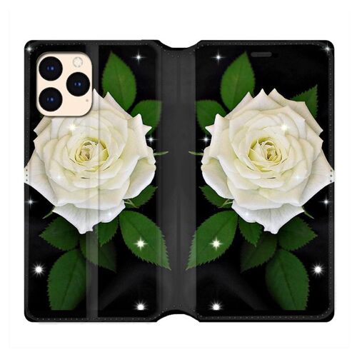 Housse Cuir Portefeuille Pour Iphone 12 Mini Fleur Rose Blanche