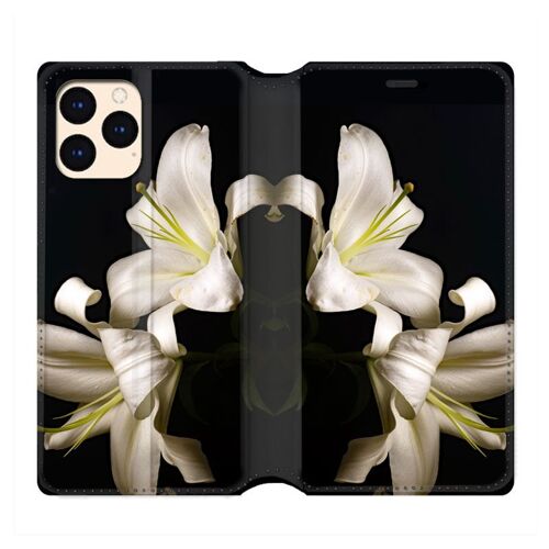Housse Cuir Portefeuille Pour Iphone 12 Mini Fleur Lys Noir