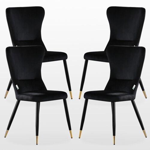CHARLY Lot de 4 Chaises Rétro en Velours Noir - Pieds Coloris Noir & Doré - Style Design & Vintage - Salle à Manger, Cuisine, Salon