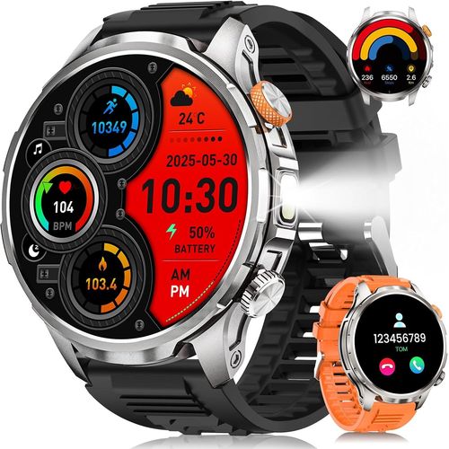 Montre Connectée Homme Militaire, 1.91¿AMOLED Smartwatch Homme avec 1000mAH Batterie/5 ATM Étanche/LED Lampe/110+ Sportifs/Fréquence Cardiaque/Sommeil, Traceur d'Activité pour Android iOS Noir
