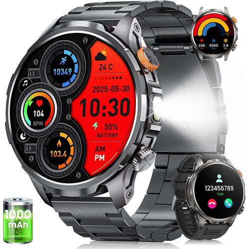Montre Connectée Homme Militaire, 1.91¿AMOLED Smartwatch Homme avec 1000mAH Batterie/5 ATM Étanche/LED Lampe/110+ Sportifs/Fréquence Cardiaque/Sommeil, Traceur d'Activité pour Android iOS Noir