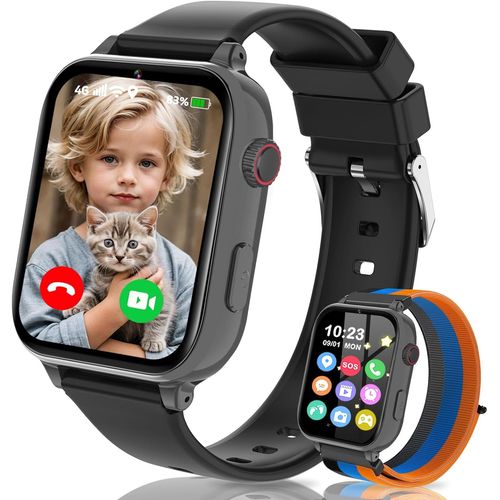 4G Montre Connectée Enfant, Smartwatch Téléphone pour Filles Garçons avec GPS, SOS, WiFi, Appels/Vidéo/Chat Vocal, Mode École, Podomètre, Alarme, Jeux Smart Watch pour Enfants 4-12 Cadeau,Noir
