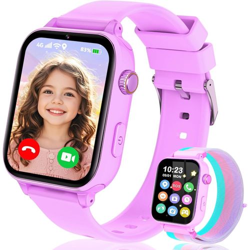 4G Montre Connectée Enfant, Smartwatch Téléphone pour Filles Garçons avec GPS, SOS, WiFi, Appels/Vidéo/Chat Vocal, Mode École, Podomètre, Alarme, Jeux Smart Watch pour Enfants 4-12 Cadeau,Noir