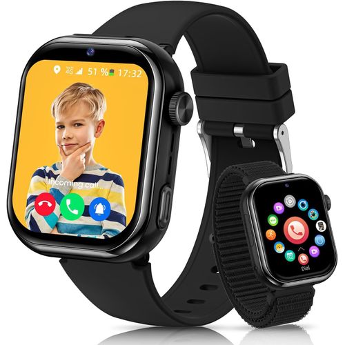 4G Montre Connectée Enfants, 1.83''HD Montre Téléphone Enfant avec GPS, Batterie de 800mAh, Appels Vidéo, Chat Vocal, Wi-FI/LBS/SOS/SMS, Mode École, Podomètre, Réveil, Étanchéité IP68 (Noir)