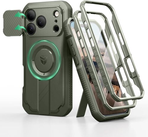 pour Magnétique Coque iPhone 17 Pro avec Cache Caméra Coulissant & Kickstand Pliable & Protecteur d'Écran Intégré, Coques Protection Pare-Chocs Robustes Couverture - Vert Militaire