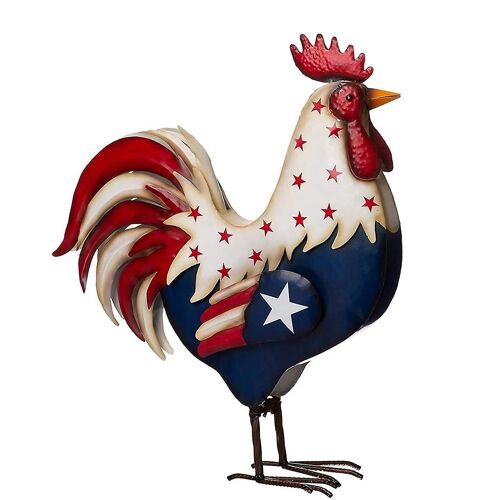 Metal Patriotic Rooster Porch Decor, Chicken Figurine Sculpture, for the Fourth of July USA Indepen