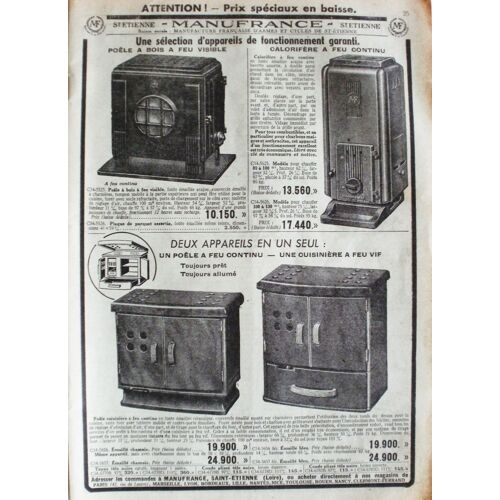 Publicité Ancienne (Octobre 1952) Pour Le Chauffage (Poêle) Ou Cuisinière À Feu Continu " Manufrance "