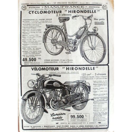 Publicité Ancienne (Octobre 1951) Pour Le Cyclomoteur Et Le Vélomoteur " Hirondelle " De " Manufrance "