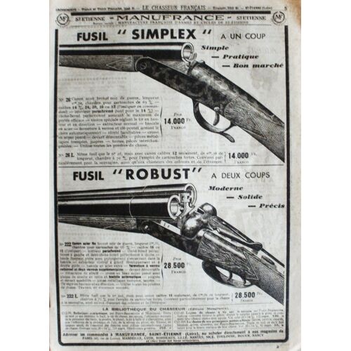 Publicité Ancienne (Octobre 1951) Pour Les Fusils De Chasse " Simplex " Et " Robust " De " Manufrance "