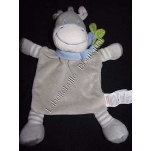 Doudou Ane Zebre Poney Cheval Nicotoy Kiabi Gris Rayé Blanc Écharpe Bleu Feuille Verte