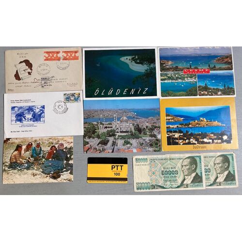 Turquie : 2 Enveloppes Philiatéliques - 1 Télécarte - 6 Cartes Postales (Istamboul-Çesme-Bodrum-Ölüden Iz-Silifke Avec Correspondance) - 3 Billets (Billet De 50 000 Lira) & 31  Timbres Oblitérés
