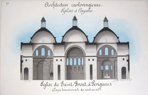 Architecture Carlovingienne. Eglises À Coupoles. Eglise De Saint-Front, À Périgueux. Coupe Transversale Du Nord Au Sud [ Belle Aquarelle Originale ]