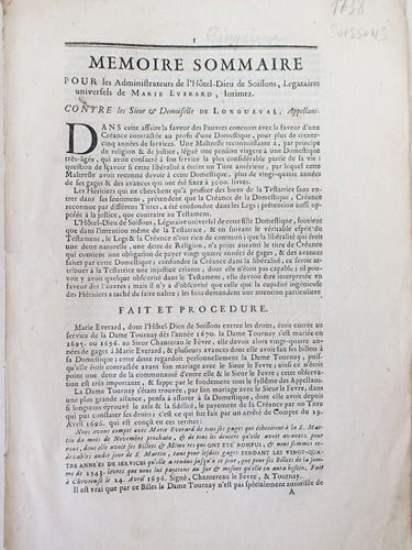 Mémoire Sommaire Pour Les Administrateurs De L'hôtel-Dieu De Soissons, Légataires Universels De Marie Everard, Intimez, Contre Les Sieur & Demoiselle