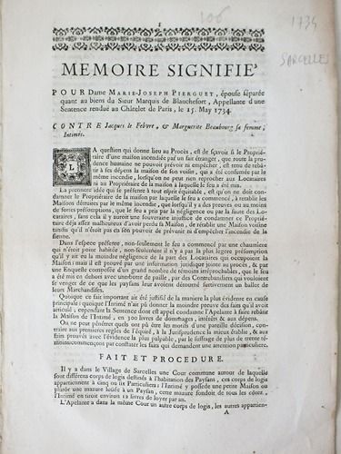 Mémoire Signifié, Pour Dame Marie-Joseph Pierguet, Épouse Séparée Quant Aux Biens Du Sieur Marquis De Blanchefort, Appellante D'une Sentence Renduë A