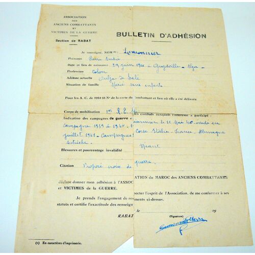 Association Des Anciens Combattants Et Victimes De Guerre, Section De Rabat, Bulletin D'adhésion