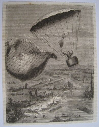 Montgolfière : Descente De Jacques Garnerin En Parachute En 1797. Gravure Ancienne