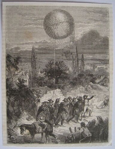 Montgolfière : Transport Du Ballon "L'entreprenant" De Maubeuge À Charleroi. Compagnie De Coutelle. Gravure Ancienne