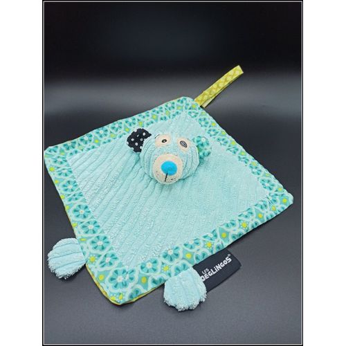 Doudou plat ours polaire - bleu turquoise vert - attache tétine - Déglingos