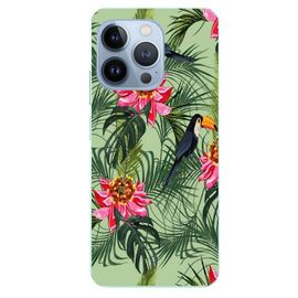 Coque Iphone 14 PRO perroquet et fleurs tropicales
