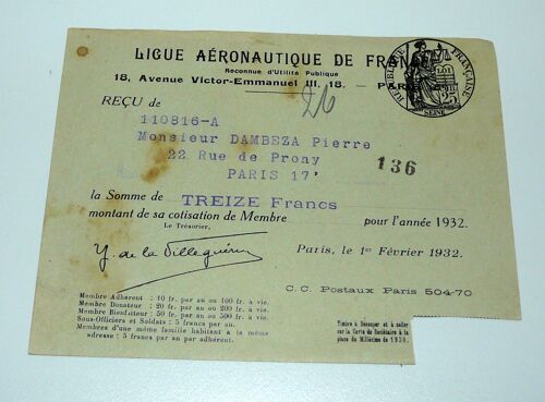 Ligue Aéronautique Française, Reçu De Cotisation 1932