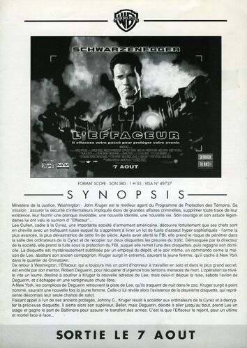 L'effaceur, Synopsis Dépliant, Chuck Russell, Avec Arnold Schwarzenegger, James Caan, James Coburn