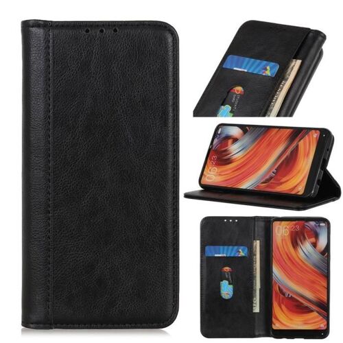Coque Xiaomi Redmi 9A,Premium PU en Cuir de Protection Couleur unie Porte-cartes Antichoc Magnétique Motif litchi B Noir