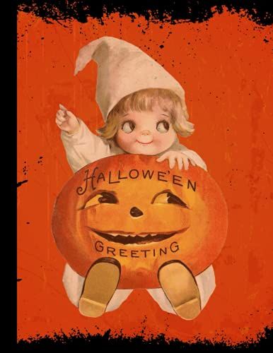 Vintage Halloween Greeting: Funny Big Pumpkin Jack O'lantern, Wide Ruled, Blank Lined Paper Journal-Gift For Boys, Girls, Teens,And Adults -120pages, ... & Black Marbled (Halloween Notebook For Kids)