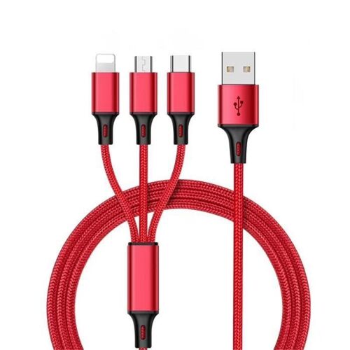 Câble 3 en 1 Multi Type C/Micro USB/Lightning Nylon Rapide Charge pour Samsung Galaxy A70/A80 /Huawei Mate 30 Pro (1.2M), Rouge