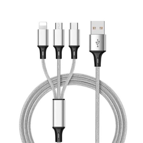 Câble 3 en 1 Multi Type C/Micro USB/Lightning Nylon Rapide Charge pour Samsung Galaxy A70/A80 /Huawei Mate 30 Pro (1.2M), Argent