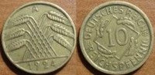 Allemagne ( Deutsches Reich) = Pièce De 10 Reichspfennig , Année 1924, Lettre A, En Bronze - Alu, Épi De Blé.