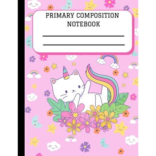 Primary Composition Notebook: Cute Unicorn Cat Primary Notebook For Children Grade K - 2 For School, Handwriting Practice