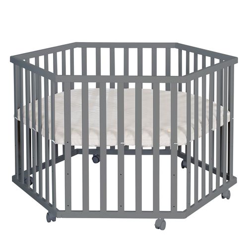 Roba Parc Bébé Hexagonal - Avec Tapis Grège En Cuir Pu Hydrofuge + 6 Roulettes À Freins - Hauteur Réglable - Bois Anthracite