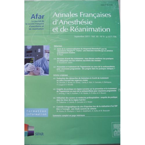 Annales Françaises D' Anesthesie Reanimation Vol.30 9