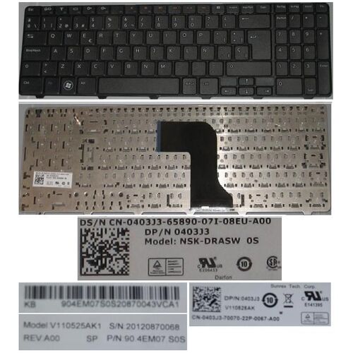 Clavier Qwerty Espagnol / Spanish Pour DELL Inspiron 15 N5010 M5010 Series, Noir / Black, Model: NSK-DRASW, P/N: 0403J3